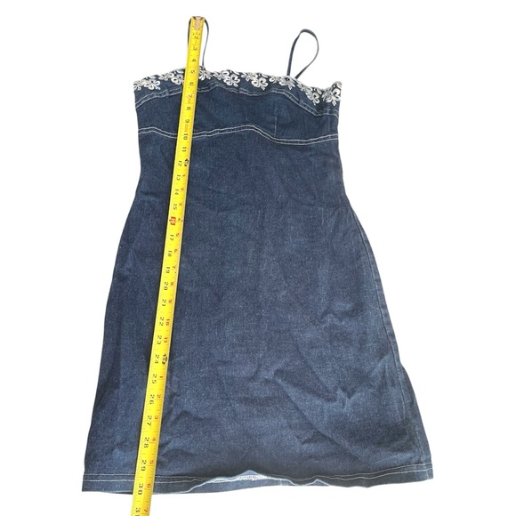 Vintage Y2k Brentwood Floral Embroidered Stretchy Denim Babydoll Mini Dress sz S - Picture 9 of 10